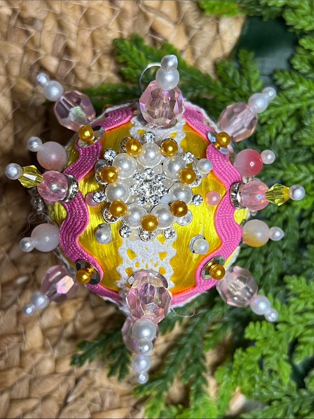 Pink & Yellow Sequins Push Pin Satin Ball Christmas Ornament Vintage Style